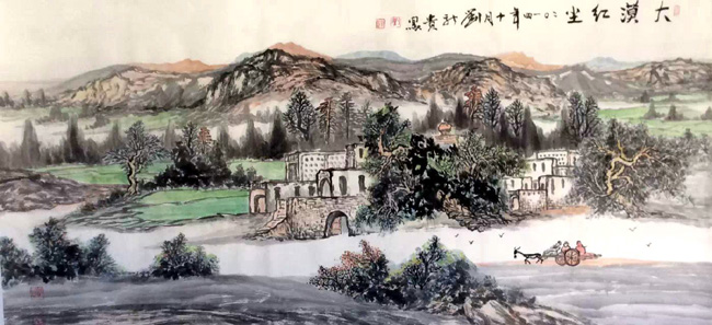 刘新贵的新疆大山水作品:大漠红尘136x68cm