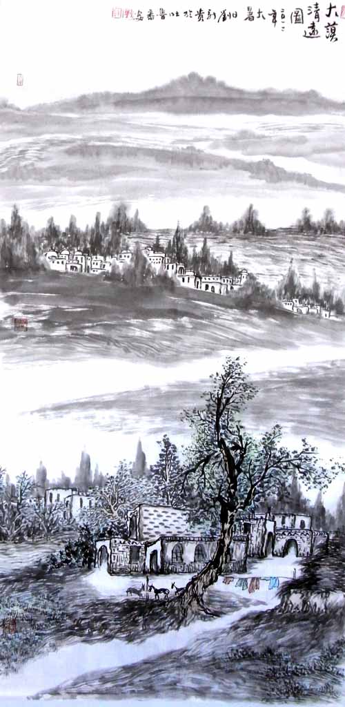 刘新贵的新疆大山水作品:大漠清远图68x136cm