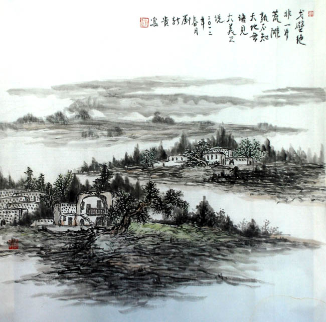刘新贵的新疆大山水作品:戈壁远眺68x68cm