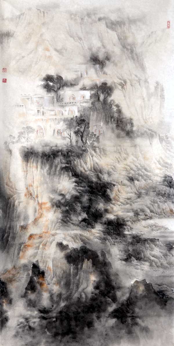 中国山水画家张永乾作品:梦里山乡136X68