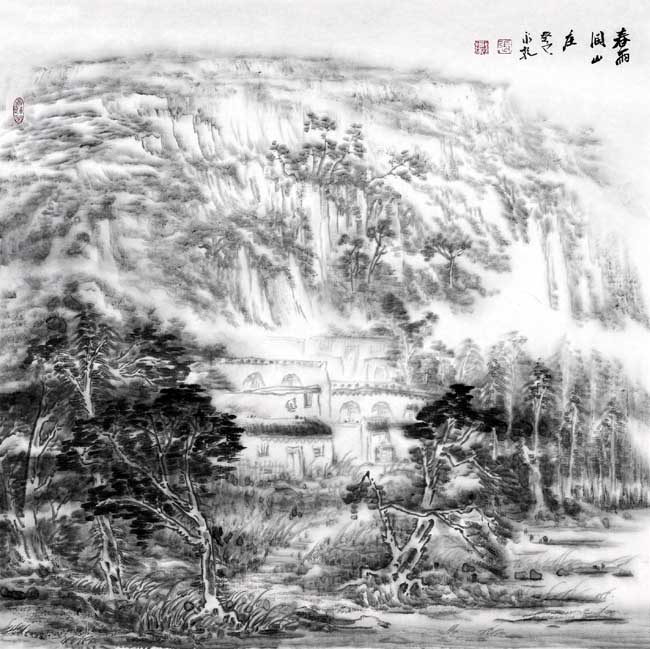 中国山水画家张永乾作品:春雨润山庄68X68