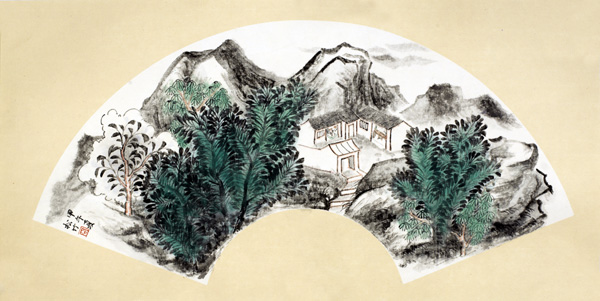 中国山水画家周松竹作品-《清韵和音》系列之扇面2。尺寸:扇面2014年