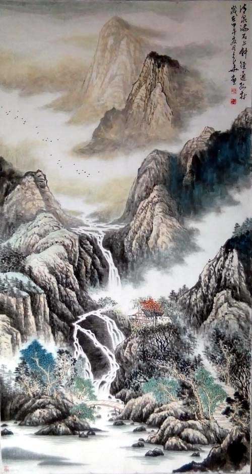 边久华山水画:《清泉流石上斜径通孤村》作品规格:139x68(cm)