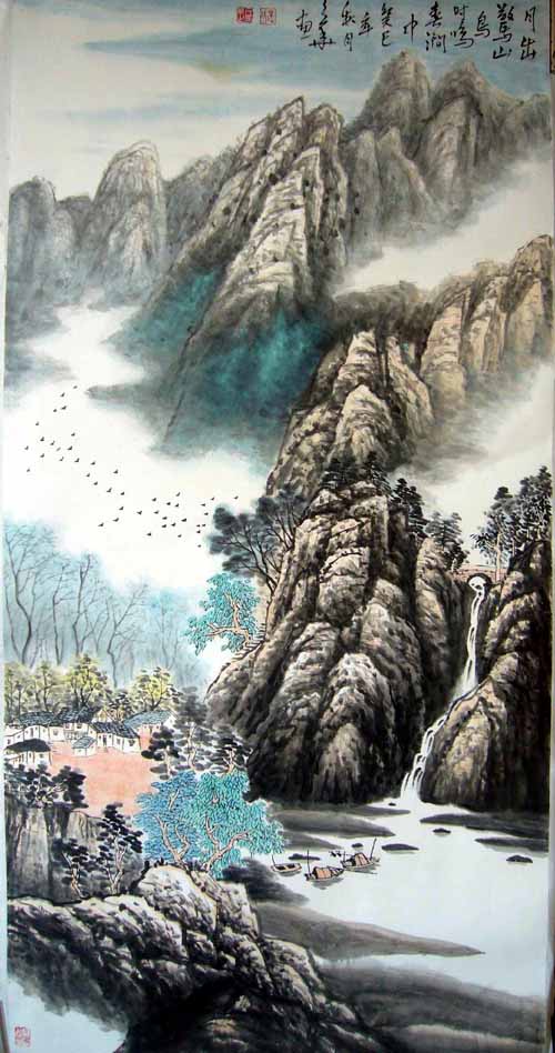 边久华山水画:《月出惊山鸟时鸣春涧中》作品规格:139x68(cm)