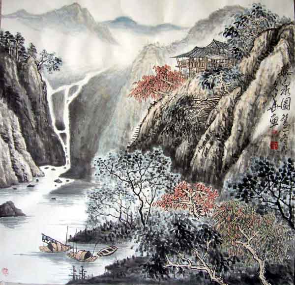 边久华山水画:《听泉图》作品规格:68X68(CM)