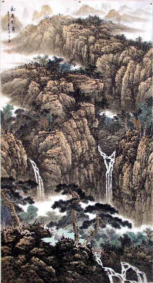 中国山水画家高潭印作品欣赏:松荫对弈