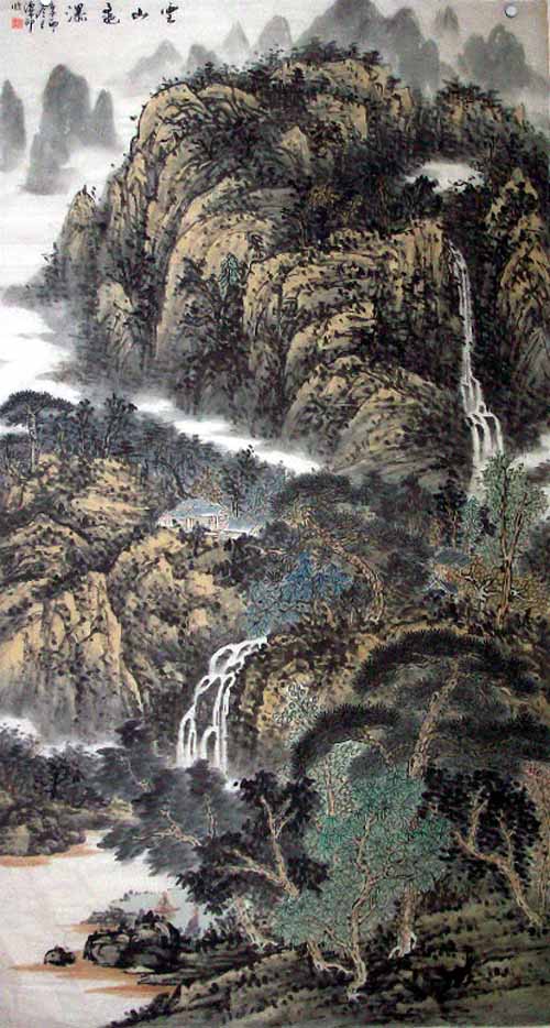 中国山水画家高潭印作品欣赏:云山飞瀑