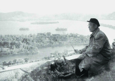李可染西湖畔写生