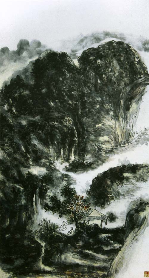 黄宾虹山水画作品欣赏:山亭小息图轴