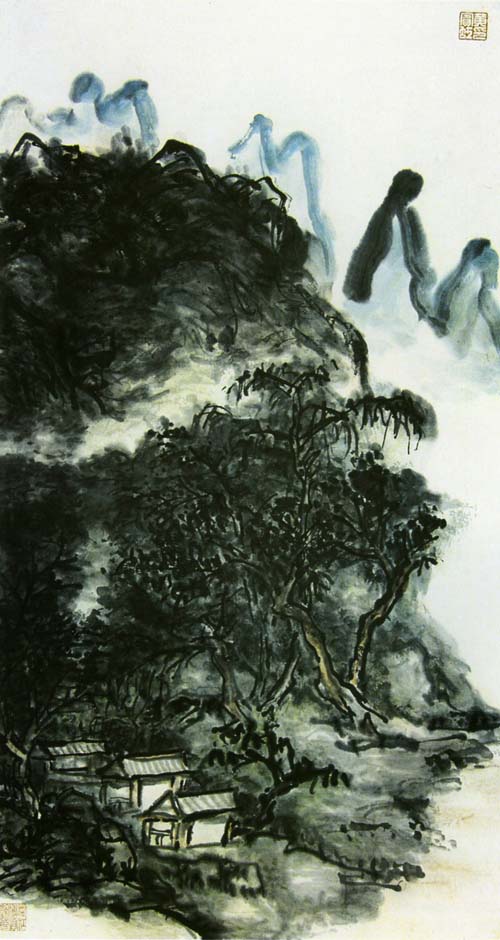 黄宾虹山水画作品欣赏:夏木阴阴图轴