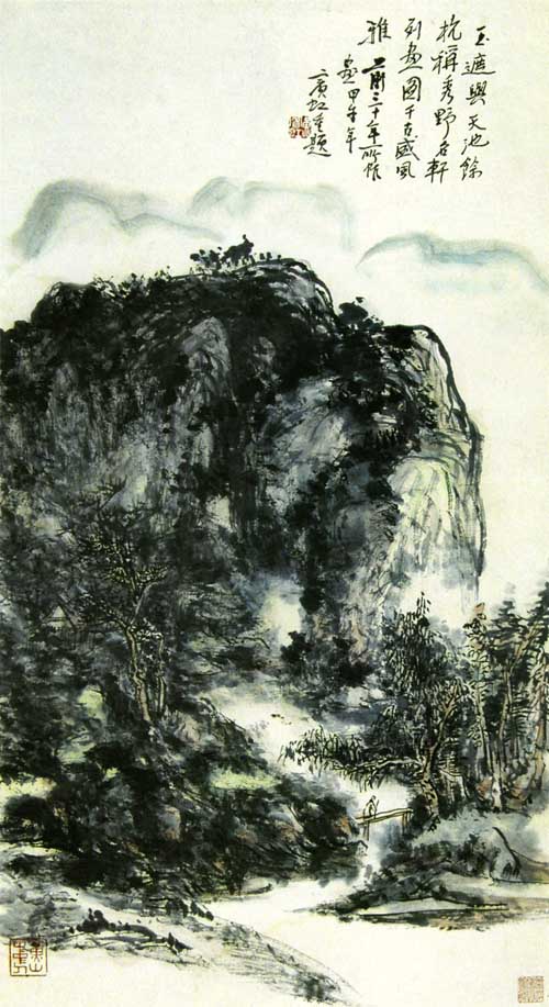 黄宾虹山水画作品欣赏:汗桥策杖图轴