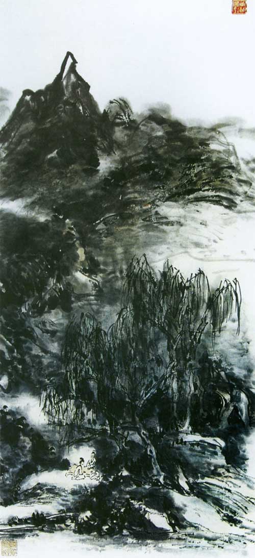 黄宾虹山水画作品欣赏:柳阴茶花图轴