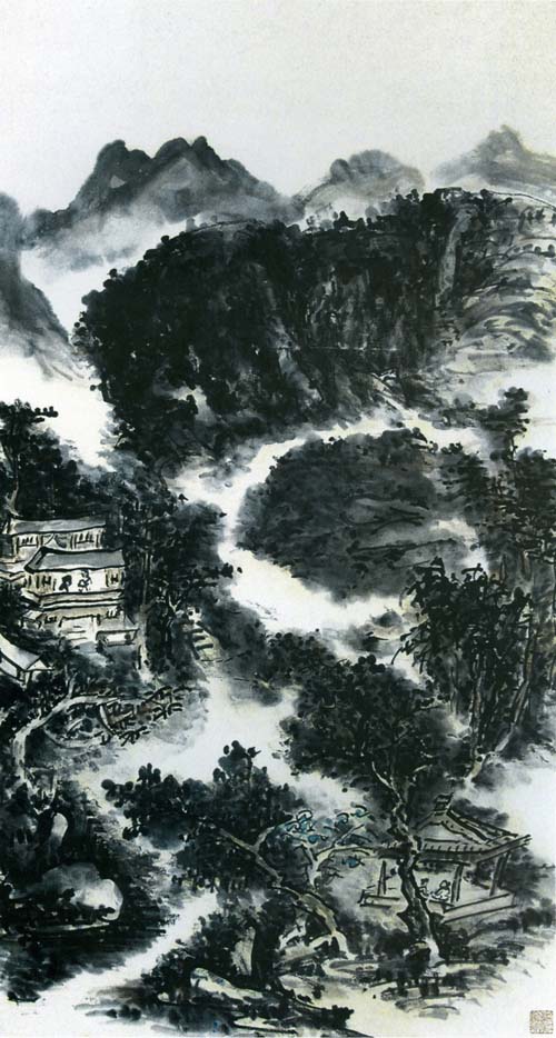 黄宾虹山水画作品欣赏:山房话旧图轴