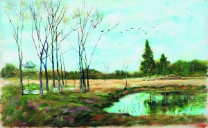 《西郊公园早春》 颜文樑 纸板油画 27cm×43cm 1963年