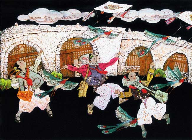 著名画家崔俊恒作品:鸟儿在蓝天歌唱 100x180 2002年
