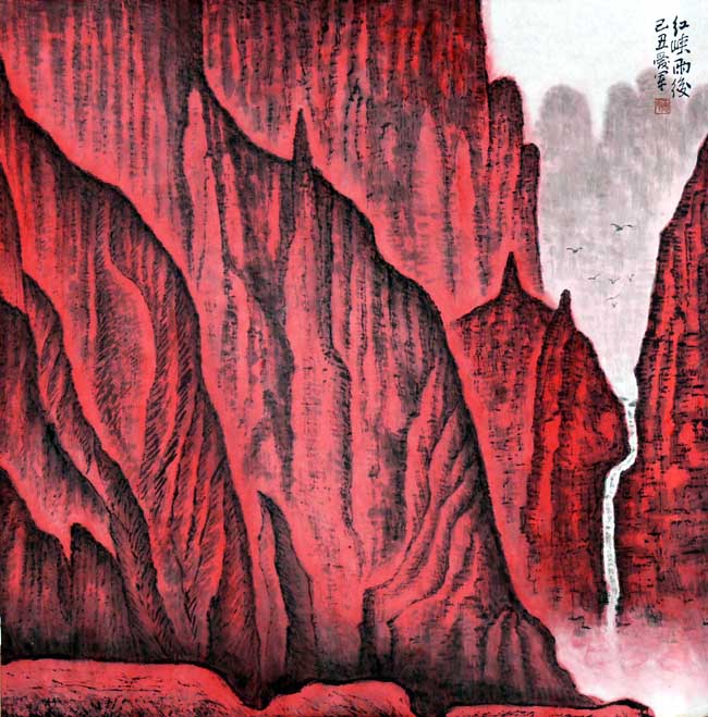 王爱军的新疆大山水画作品：红峡雨后68x68cm