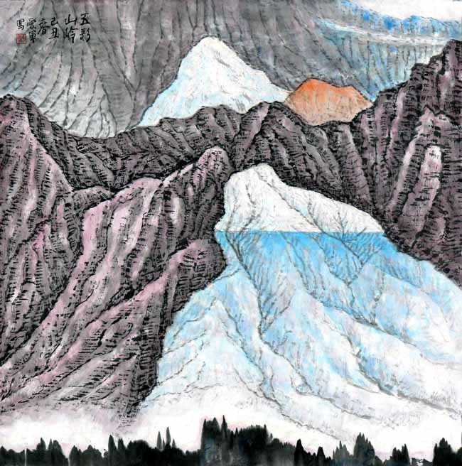 王爱军的新疆大山水画作品:五彩山岭68x68cm
