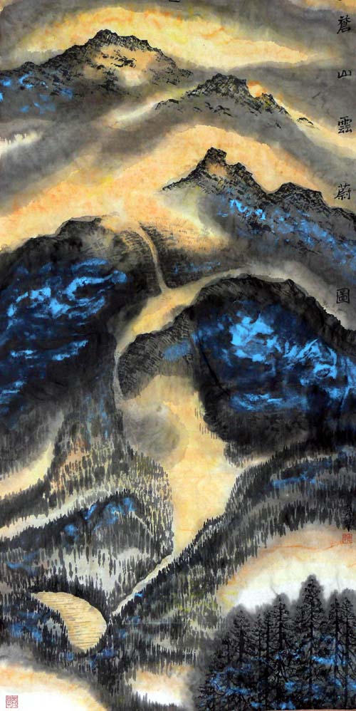 王爱军的新疆大山水画作品:苍山云蔚图68x136cm