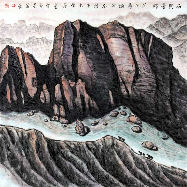 王爱军的新疆大山水画作品：石门奇峰68x68cm