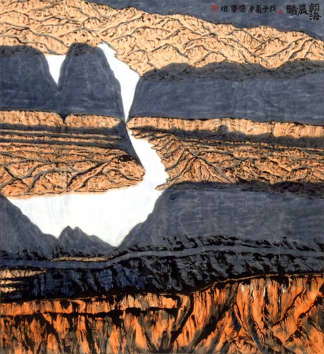 王爱军的新疆大山水画作品:瀚海晨曦92x92cm