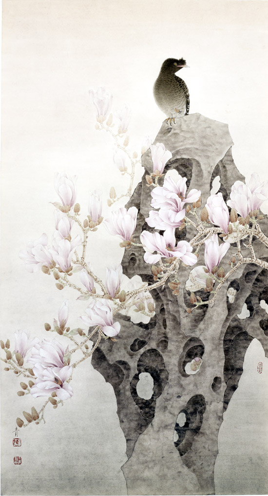 工笔花鸟画家陈禾青作品:《紫气东来》132x66cm