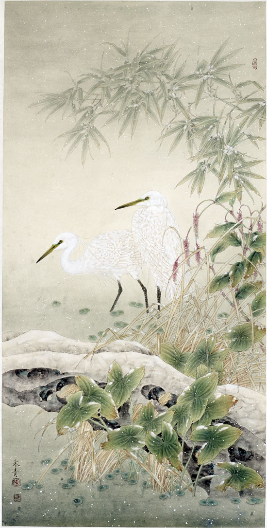 工笔花鸟画家陈禾青作品:《寒塘初雪》132x66cm