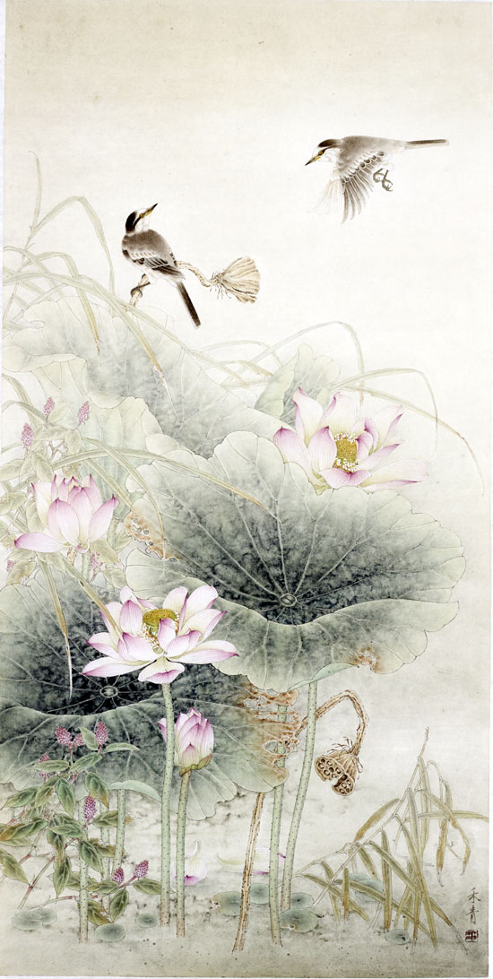 工笔花鸟画家陈禾青作品:《香远清韵》132x66cm