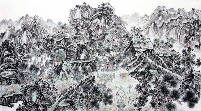 画家刘柏山先生作品欣赏:千年古刹禅拳少林94x176cm