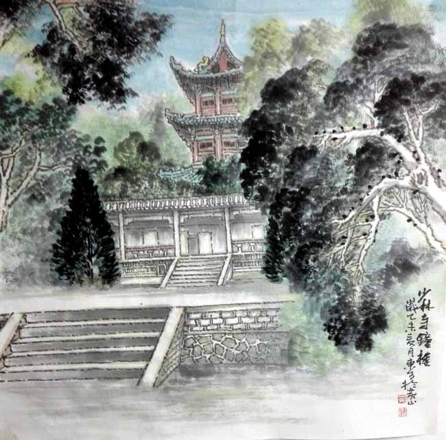 刘东方山水画写生作品欣赏:少林寺钟楼