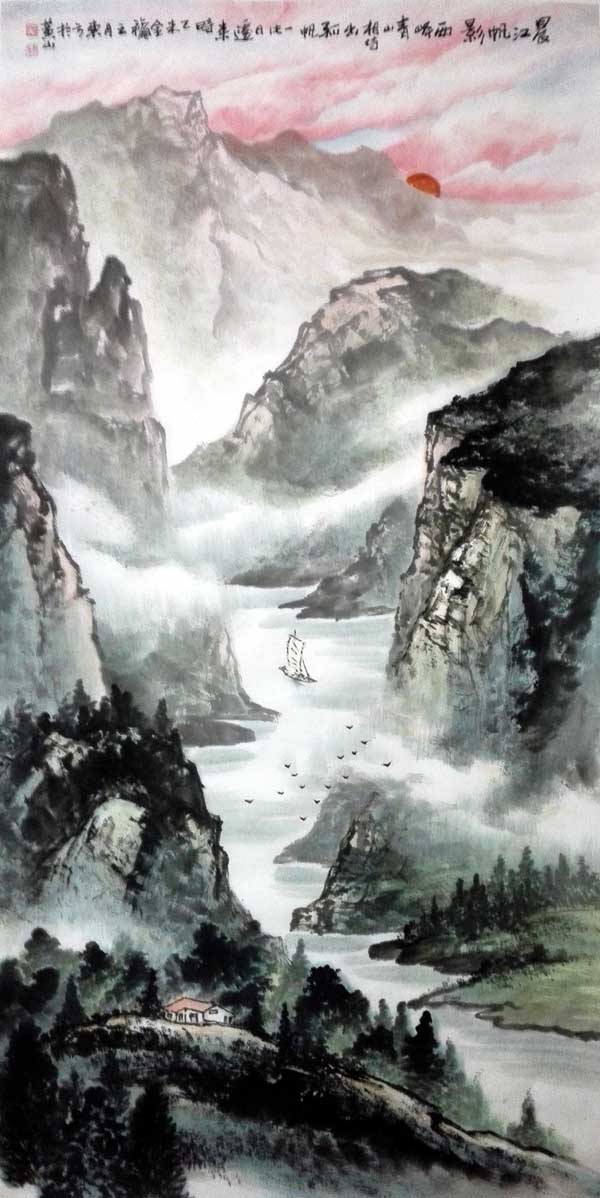 刘东方中国山水画作品:晨江帆影