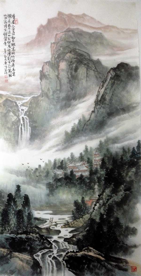 刘东方中国山水画作品:清晨入古寺