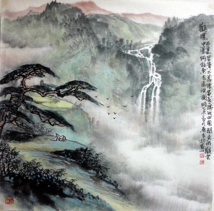 刘东方中国山水画作品:观瀑