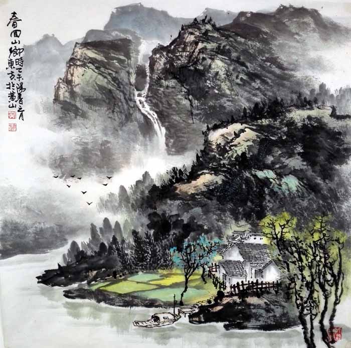刘东方中国山水画作品:春回山乡