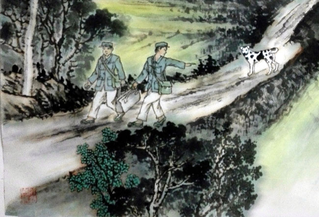 刘东方家乡回望系列记事性国画作品:《花狗情缘》(局部)