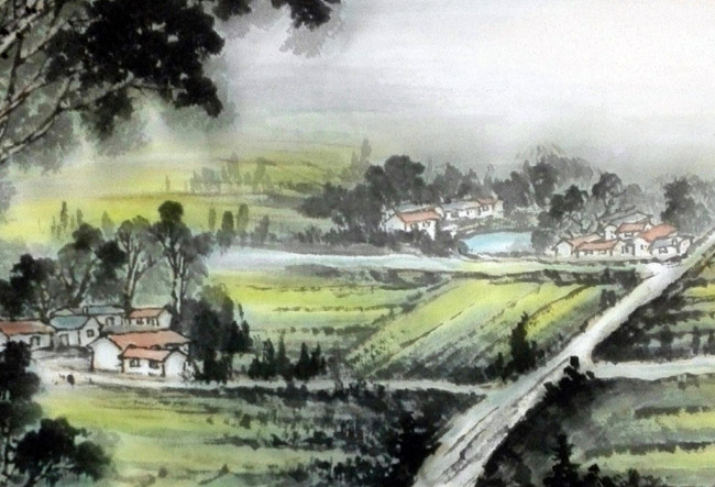 刘东方家乡回望系列记事性国画作品:《花狗情缘》(局部)