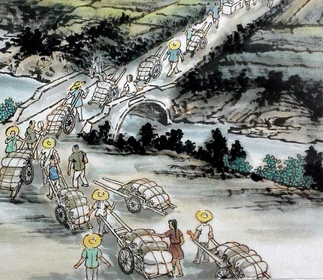 刘东方家乡回望记事性国画作品之:交公粮
