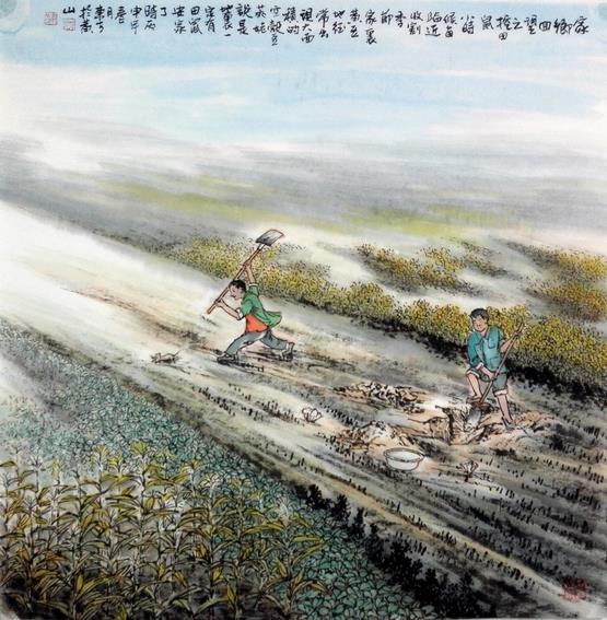 刘东方家乡回望系列国画作品:挖田鼠