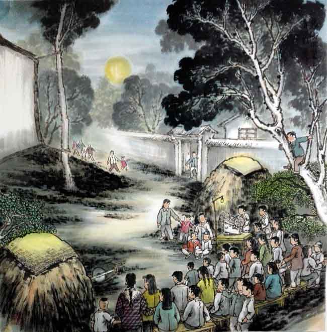 刘东方《家乡回望》系列国画作品:看电影
