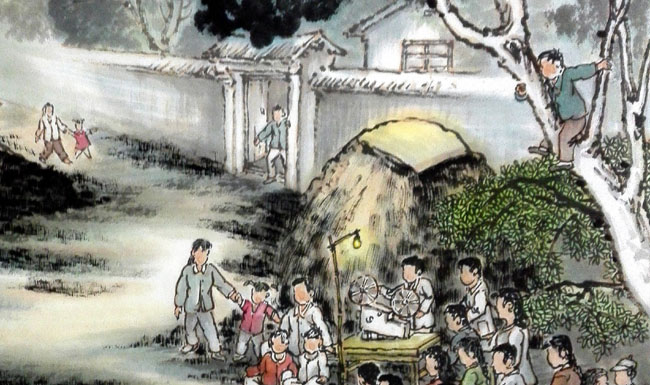 刘东方《家乡回望》系列国画作品:看电影(局部)