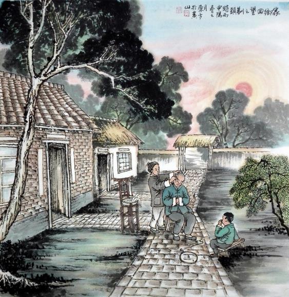 刘东方《家乡回望》系列国画作品:剃头