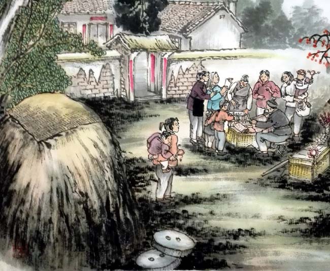 刘东方《家乡回望》系列国画作品:货郎担(局部)