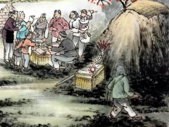 刘东方《家乡回望》系列国画作品:货郎担(局部)