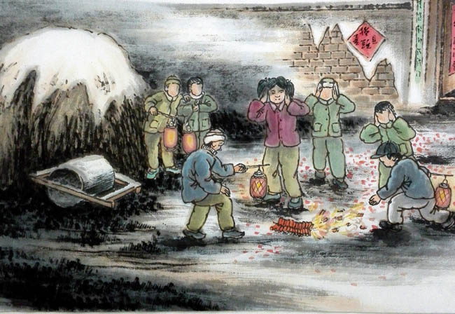 刘东方《家乡回望》系列国画作品:拾炮(局部)