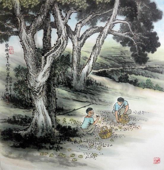 刘东方《家乡回望》系列国画作品：拾桑葚