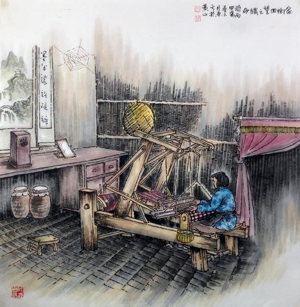 刘东方《家乡回望》系列国画作品:织布