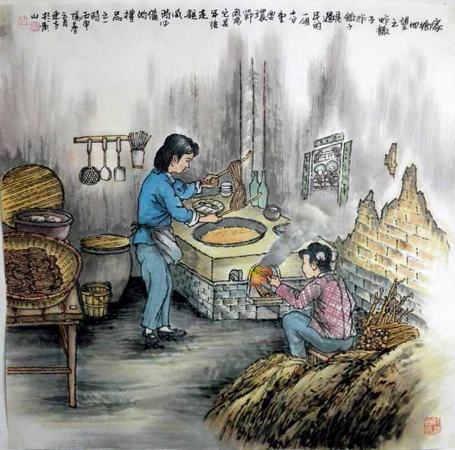 刘东方《家乡回望》系列国画作品：炸馓子