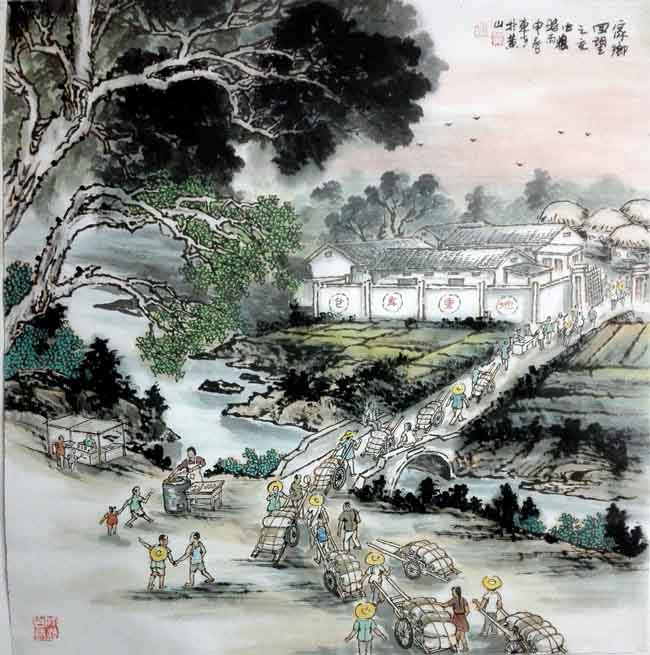 刘东方《家乡回望》系列国画作品:交公粮