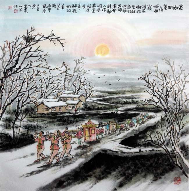 刘东方《家乡回望》系列国画作品：抬嫁妆