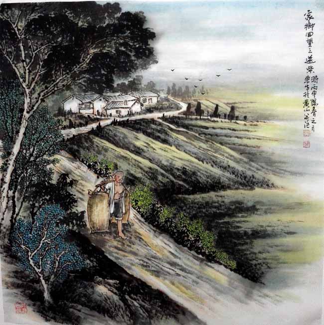 刘东方《家乡回望》系列国画作品:送柴