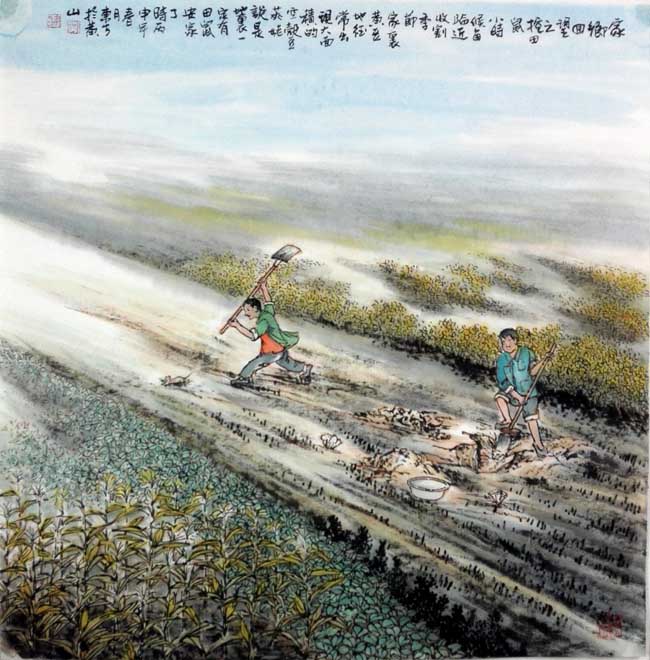 刘东方《家乡回望》系列国画作品:挖田鼠